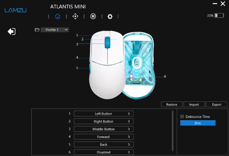 lamzu atlantis mini 4kのボタン割り当て変更画面。