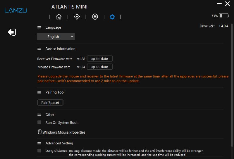 lamzu atlantis mini 4kのファームウェアアップデートの画面。